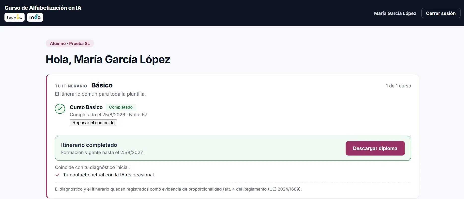 Campus del alumno: itinerario completado con diploma descargable